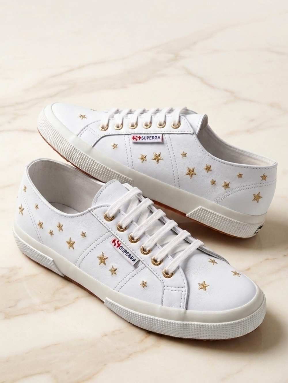 SUPERGA Leather SNEAKERS, Embroidered STARS, US Mens 8.5, Womens 10 NWOT